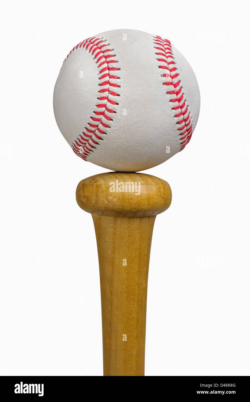 Baseball balancing on bat, isolated on white, includes clipping path Stock Photo