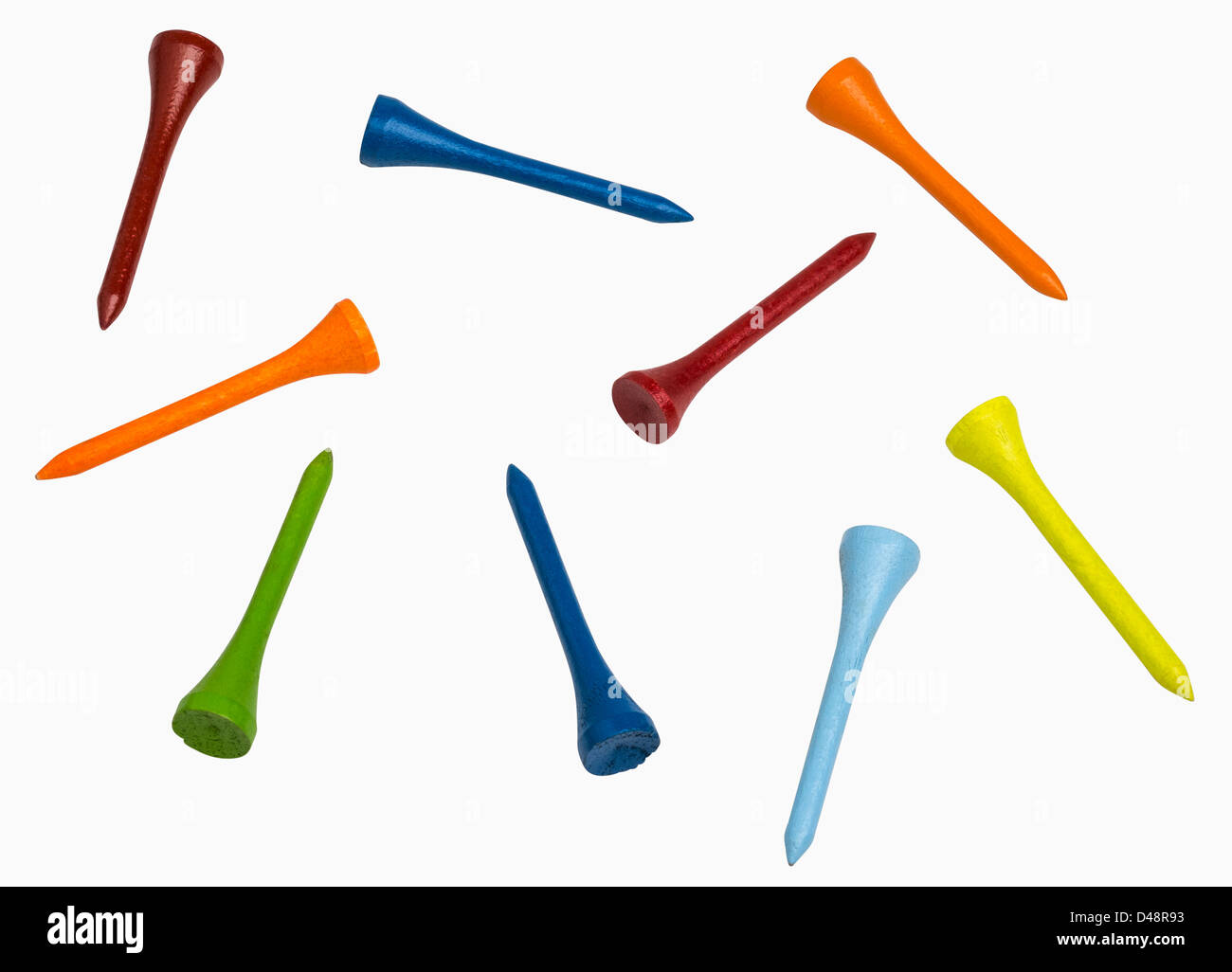 Colorful golf tees isolated on white, includes clipping paths Stock Photo