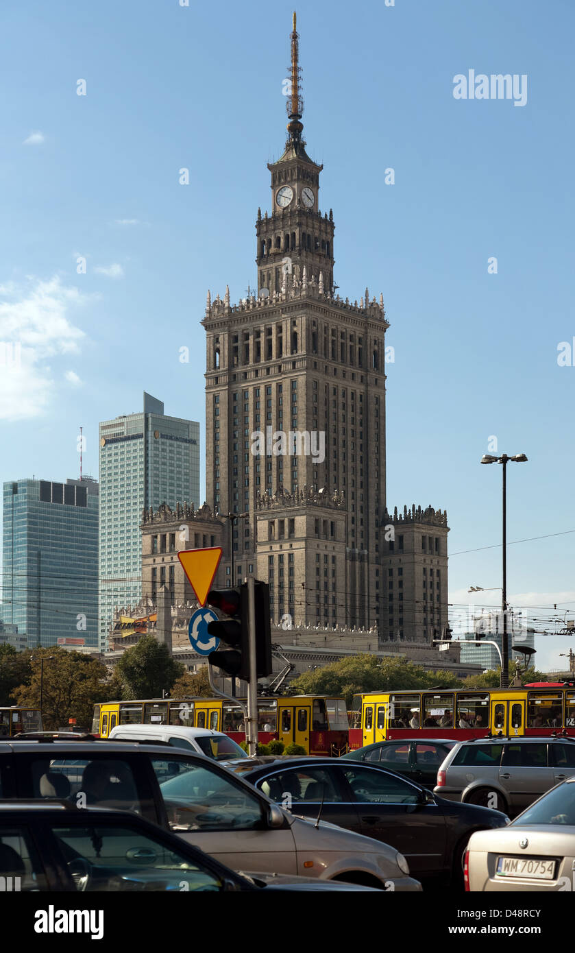 Warsaw, Poland, the Rondo Romana Dmowskiego with the Palace of Culture Stock Photo