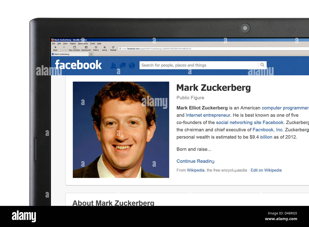 The Facebook profile of Mark Zuckerberg, one of the company's founders, viewed on a laptop computer Stock Photo