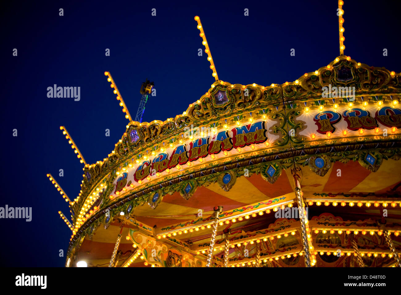Gallopers Fairground Ride A view of the top part of a traditional vintage fairground galloper ...