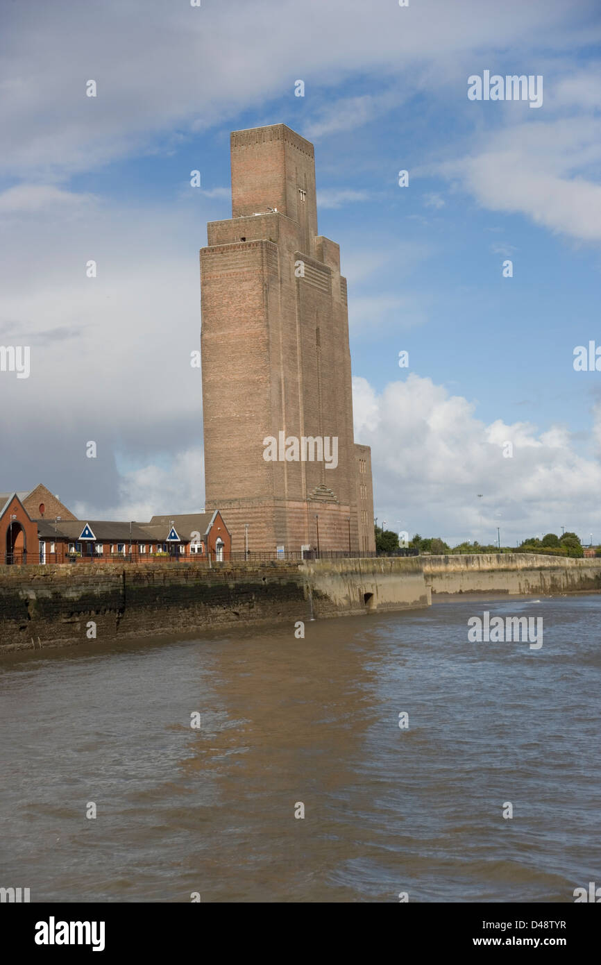 Mersey Tunnel Ventilation Shaft Building in Birkenhead and Mersey River from the Mersey River