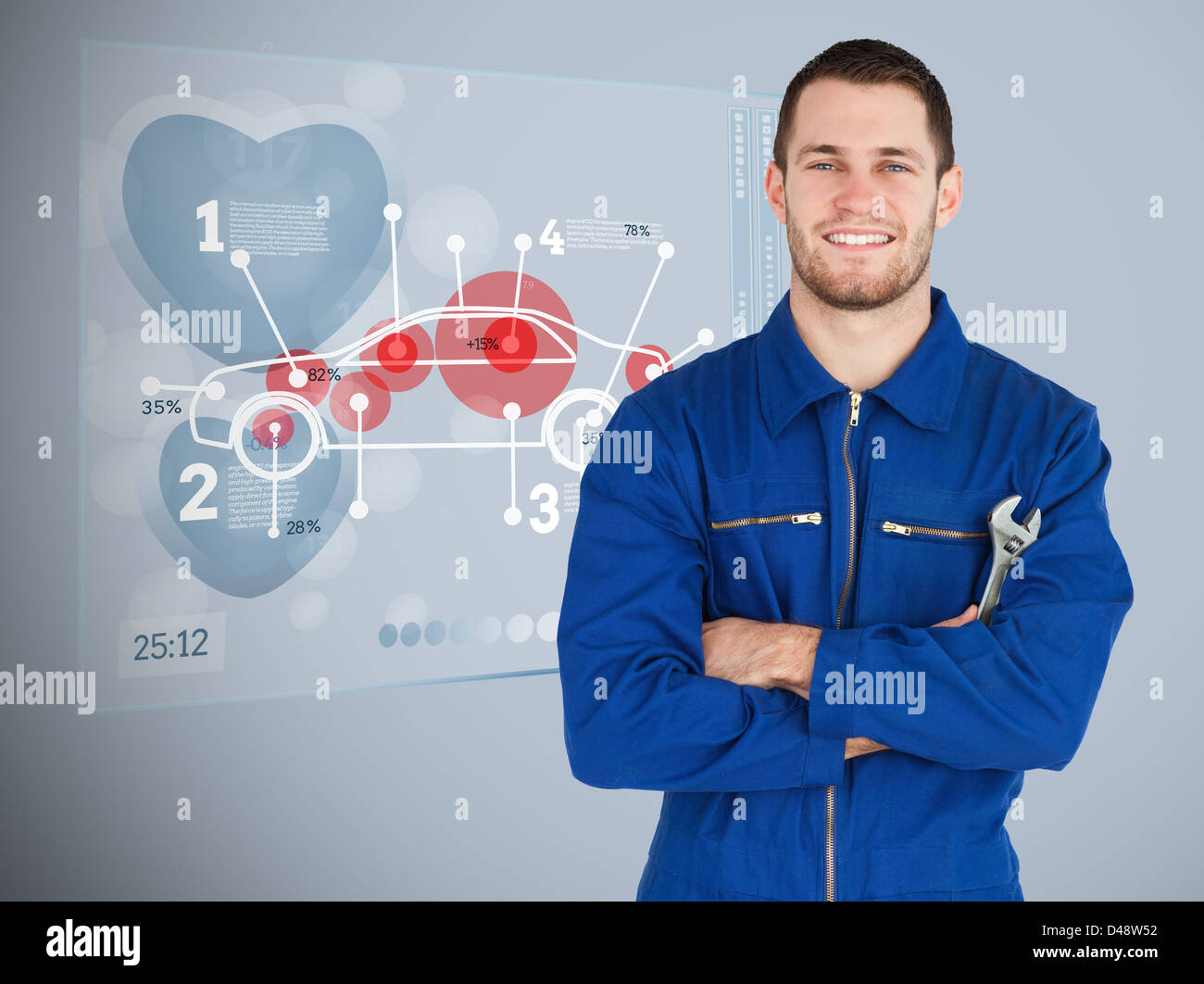 Portrait of a young mechanic next to futuristic interface Stock Photo