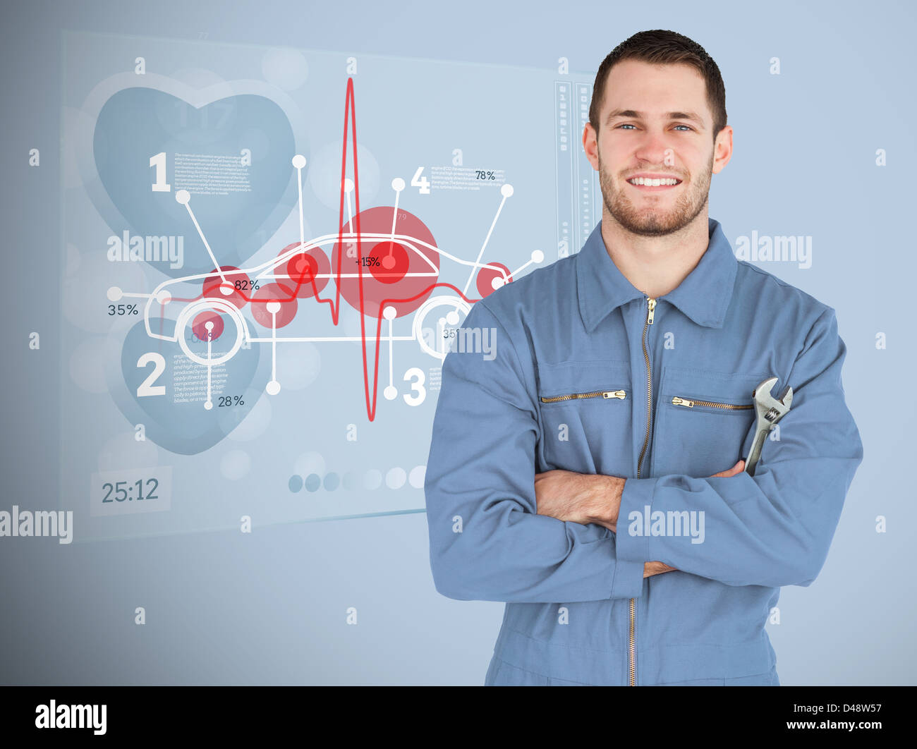 Portrait of a young mechanic next to futuristic interface with diagram Stock Photo