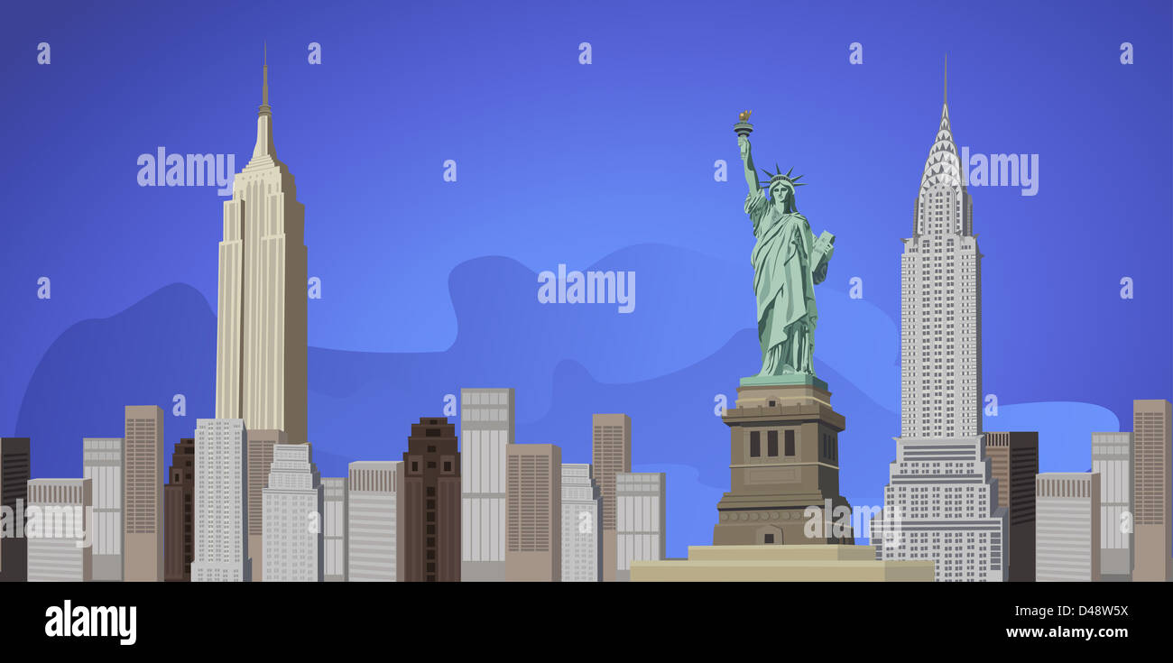 Background illustration with New York City skyline and Liberty Statue ...