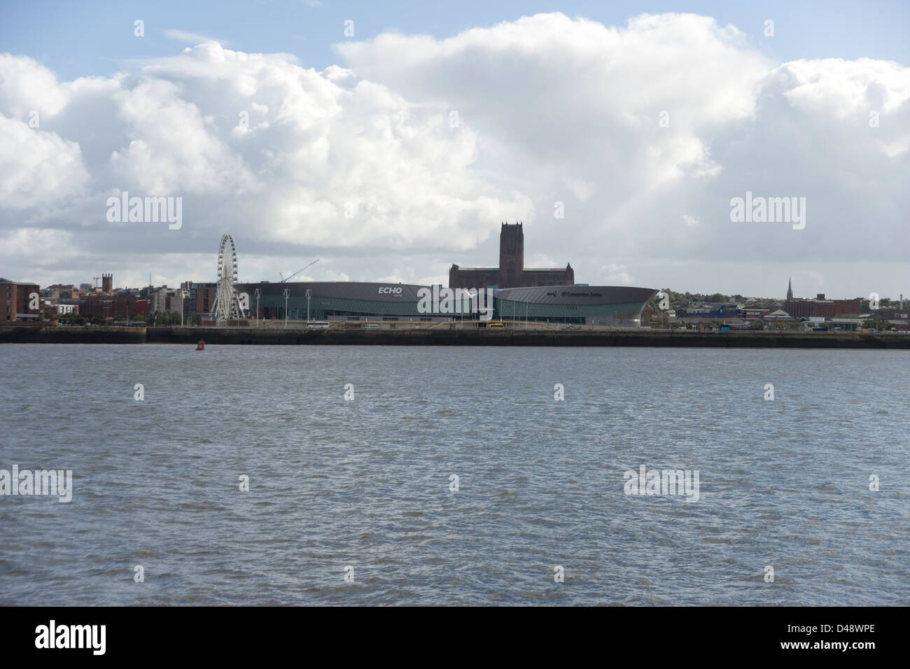 Liverpool Echo Arena, BT Convention Centre and the Anglican cathedral in Liverpool and Mersey River from the Mersey Ferry Stock Photo