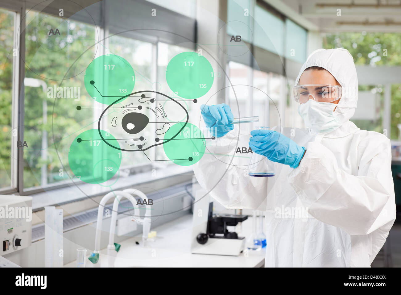 Scientist in protective suit working with green cell diagram interface Stock Photo