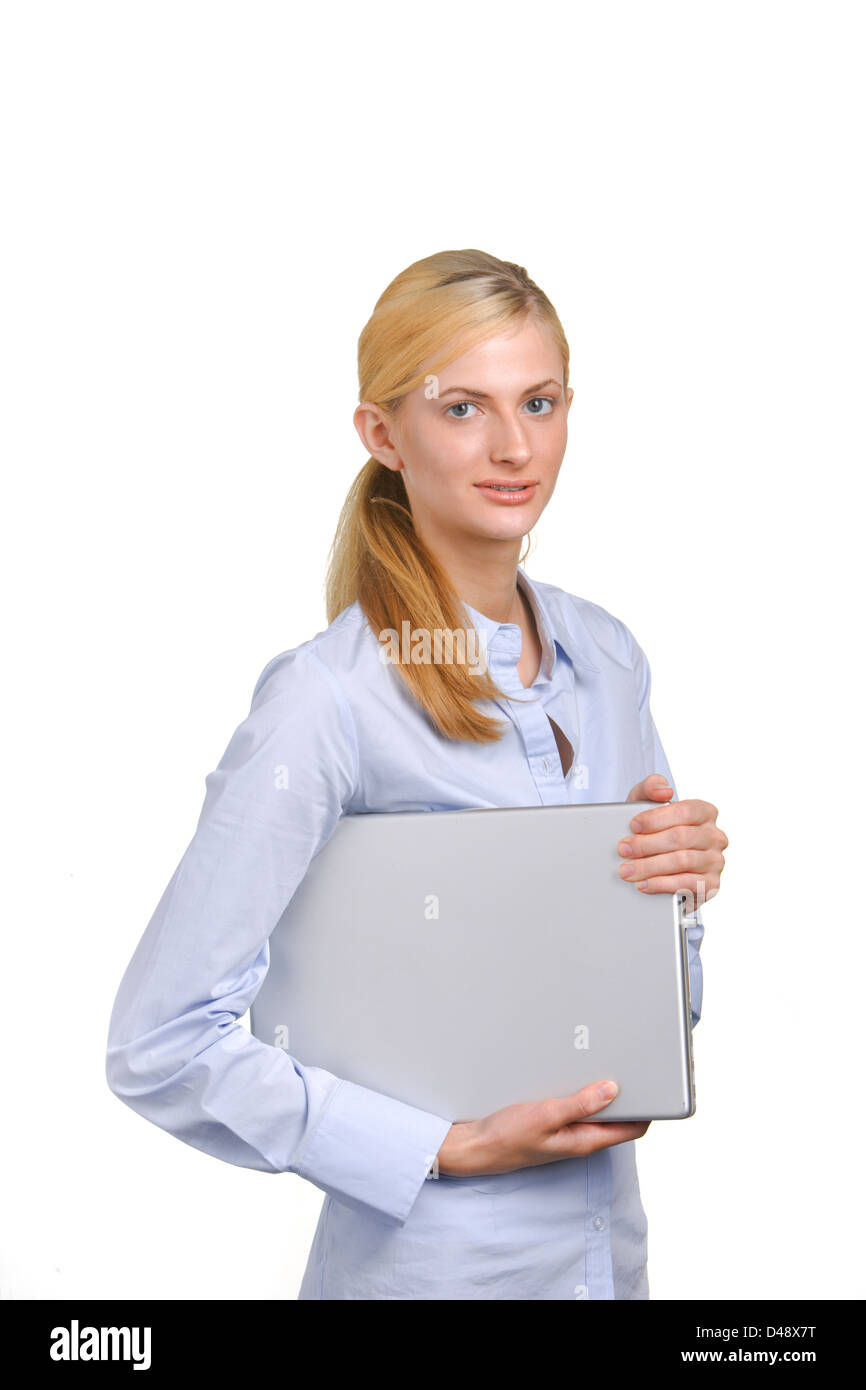 Business woman laptop isolated on white Stock Photo - Alamy