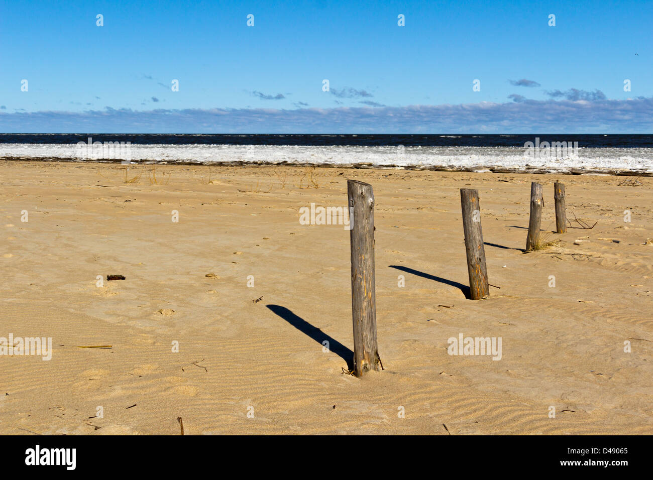 Old wooden poles on sandy beach near Mokoszewo village, Baltic sea, Poland shore. Stock Photo