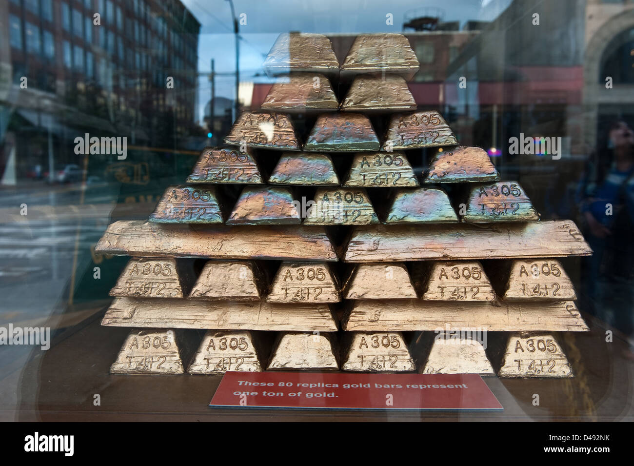 Seattle, USA, gold bars in the window of the Gold Rush Memorial