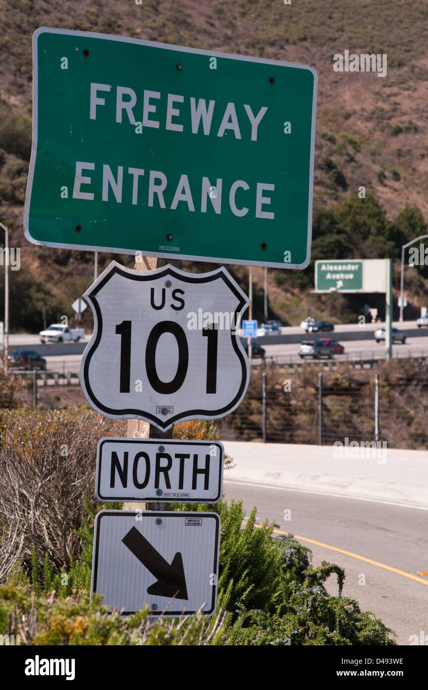 Sausalito, CA, sign for the entrance to Highway 101 Stock Photo
