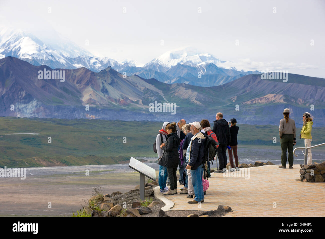 Park visitors and view south of Alaska Range, Eielson Visitor Center, Denali National Park, Alaska, USA Stock Photo