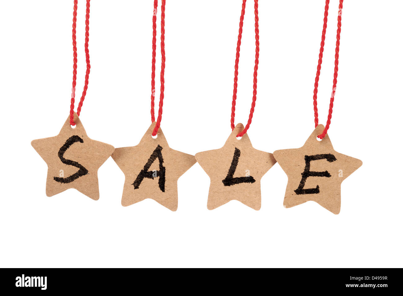 Sale spelled with paper stars are hung by ropes, isolated against white background Stock Photo