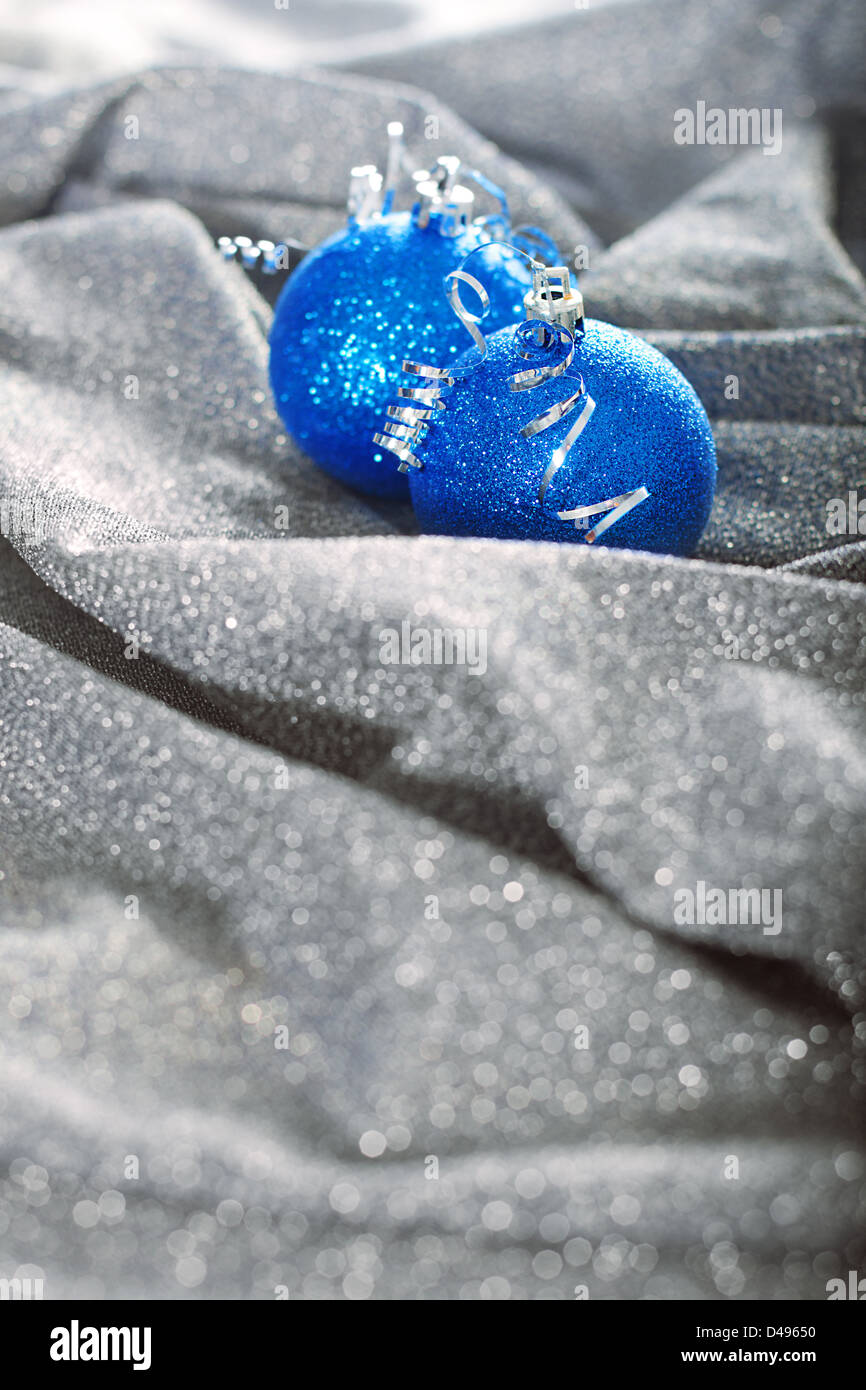 Blue christmas balls on silver background Stock Photo - Alamy