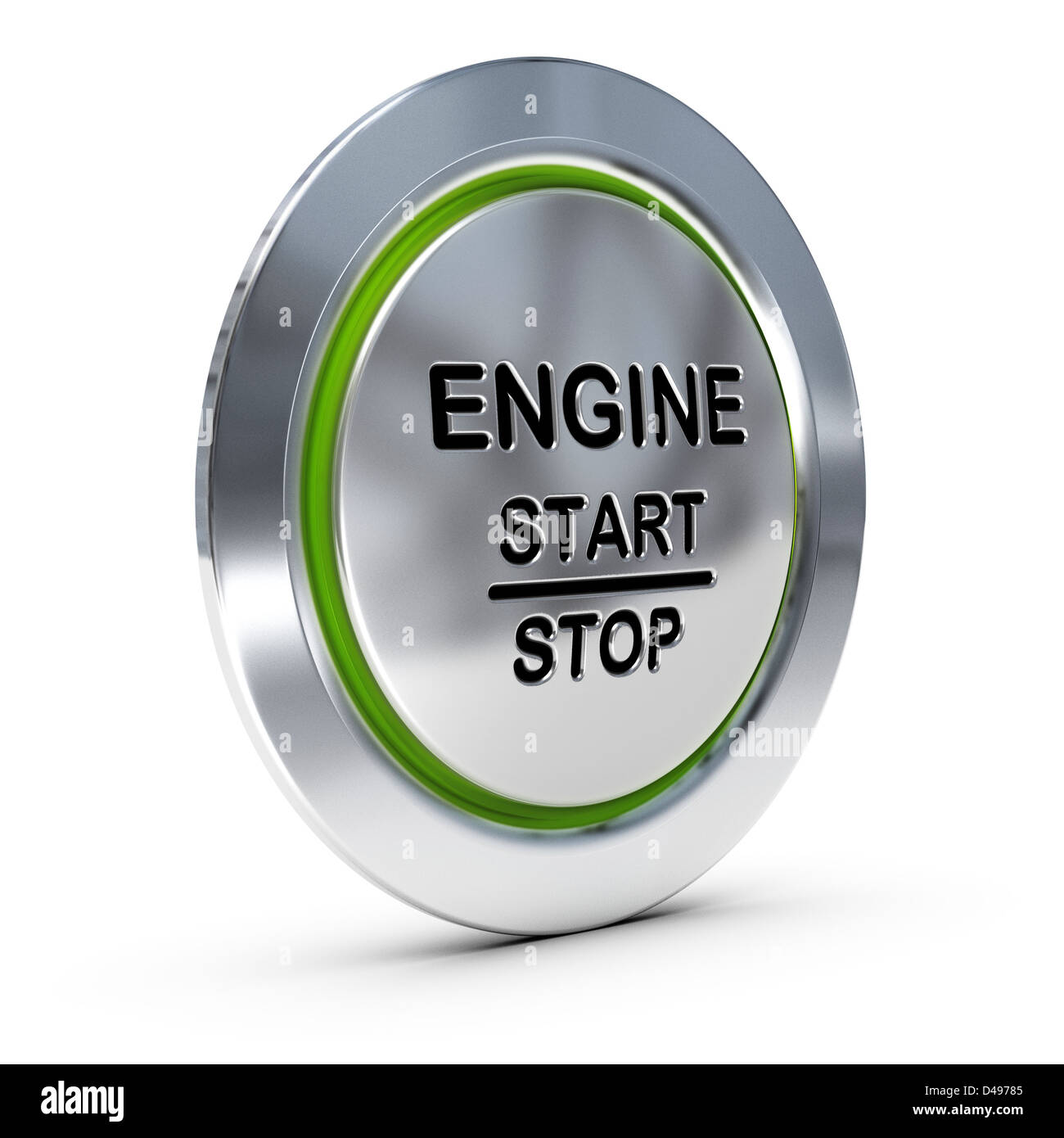 Start and stop keyless ignition button over white background with green light, engine starter concept. Stock Photo