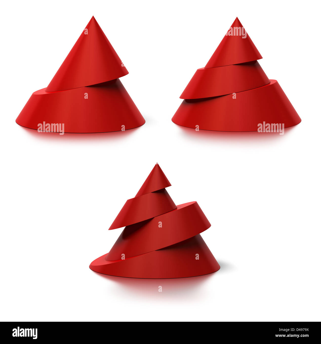 Two, three and four levels conical shapes, The cones are red with a shadow on the floor, white background Stock Photo