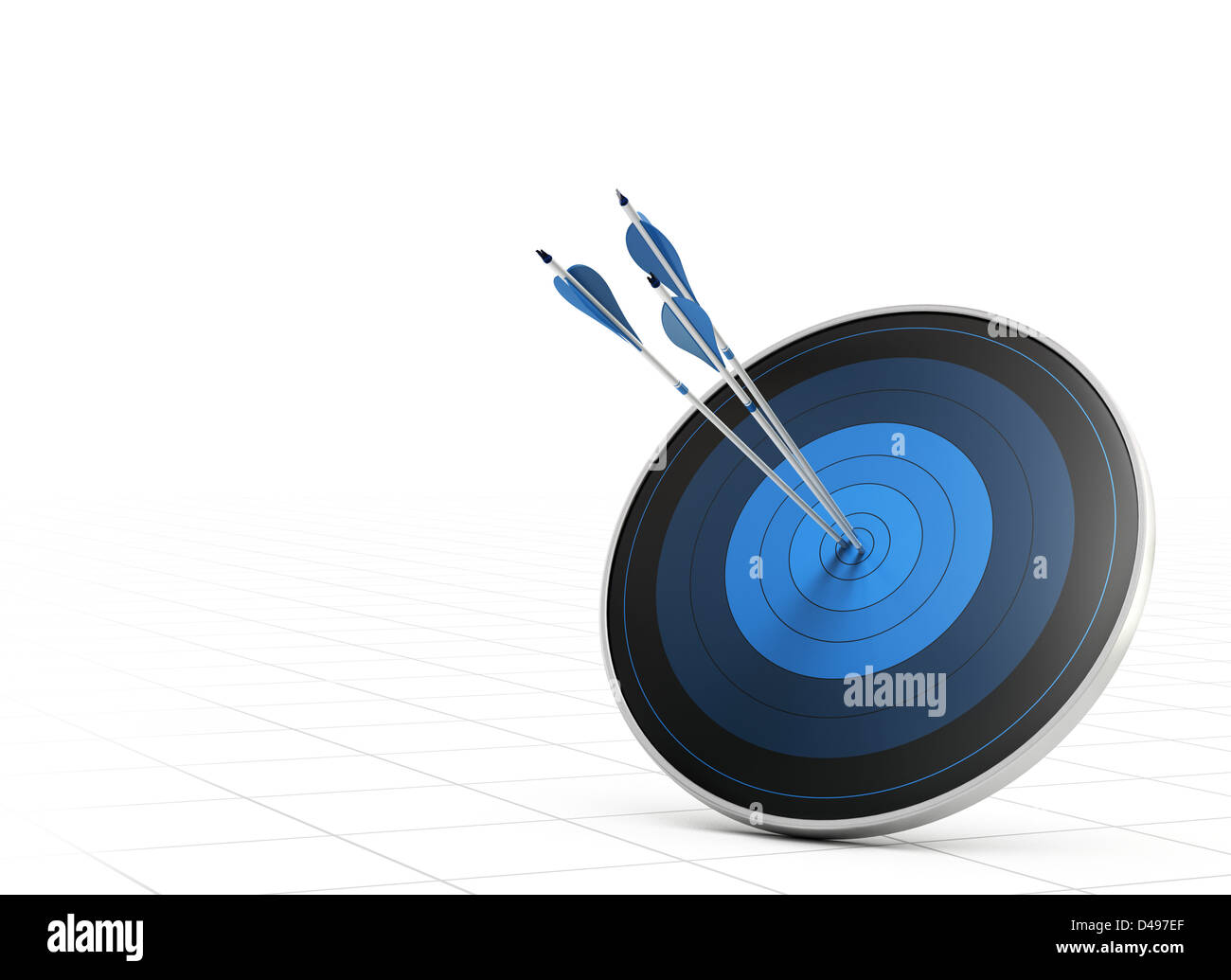Three blue arrows hitting the center of a blue target or dart, white background with perspective, concept of performance or goal Stock Photo