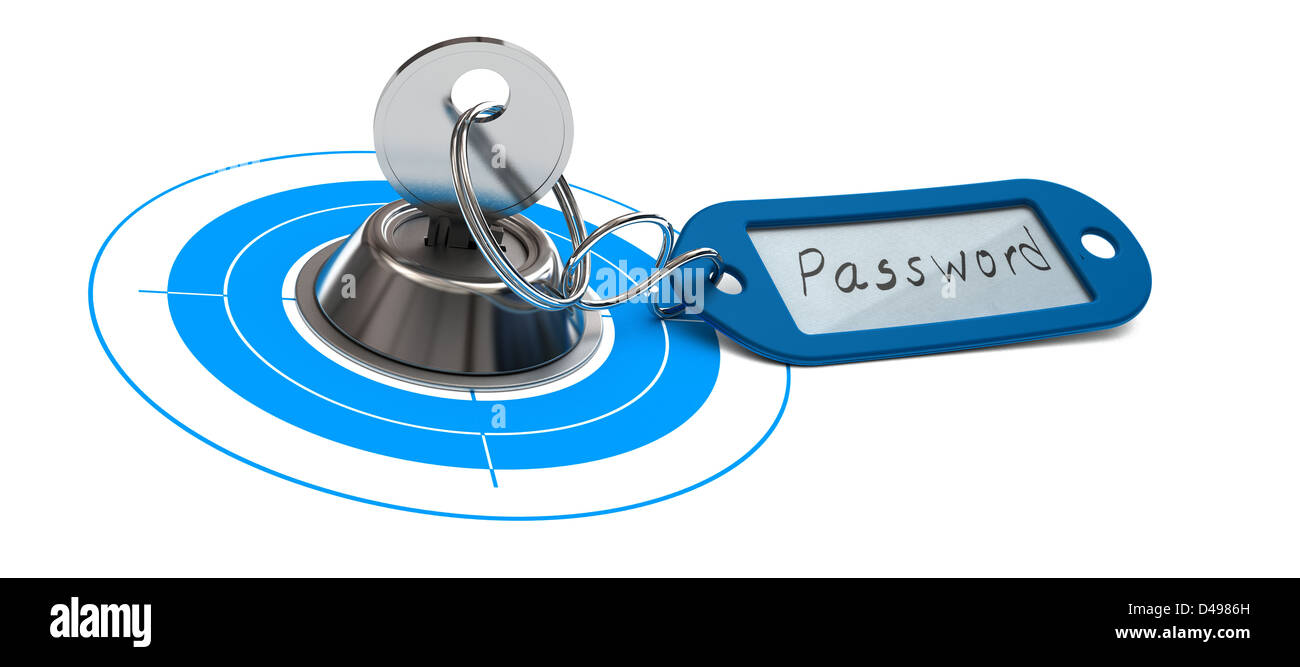 key and blue keyring inside a lock, there is the word password