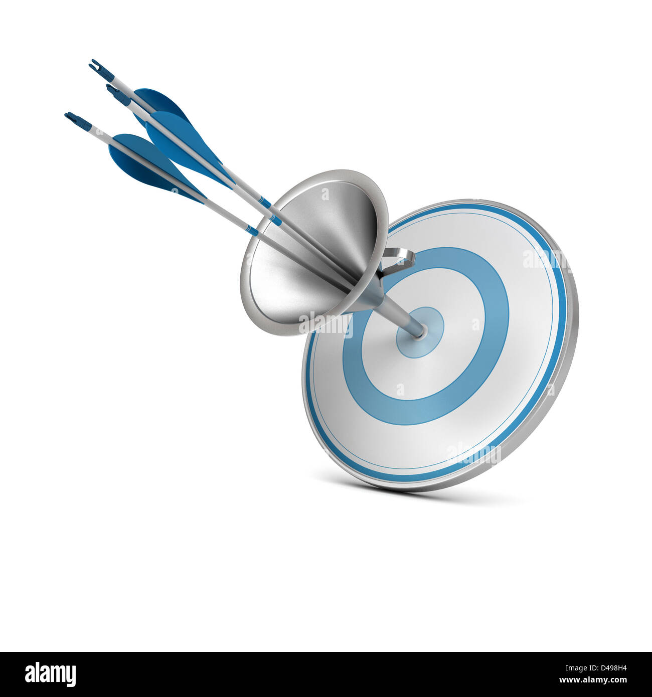 One blue target pierced by three arrows thanks to a funnel, image over white background. Stock Photo