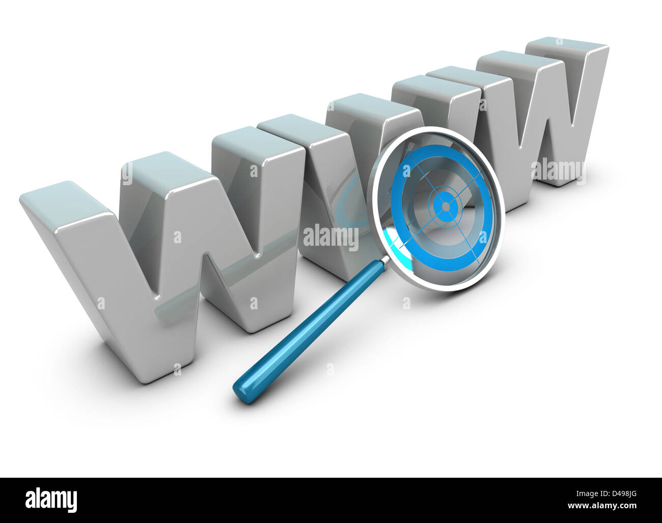 WWW 3D letters over white background with a magnifier including a blue target Stock Photo