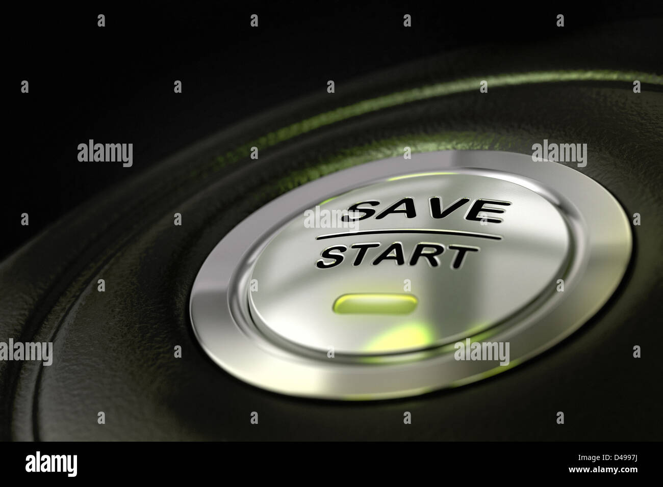 abstract save start button, metal material, green color and black textured background. Focus on the main word and blur effect. Stock Photo