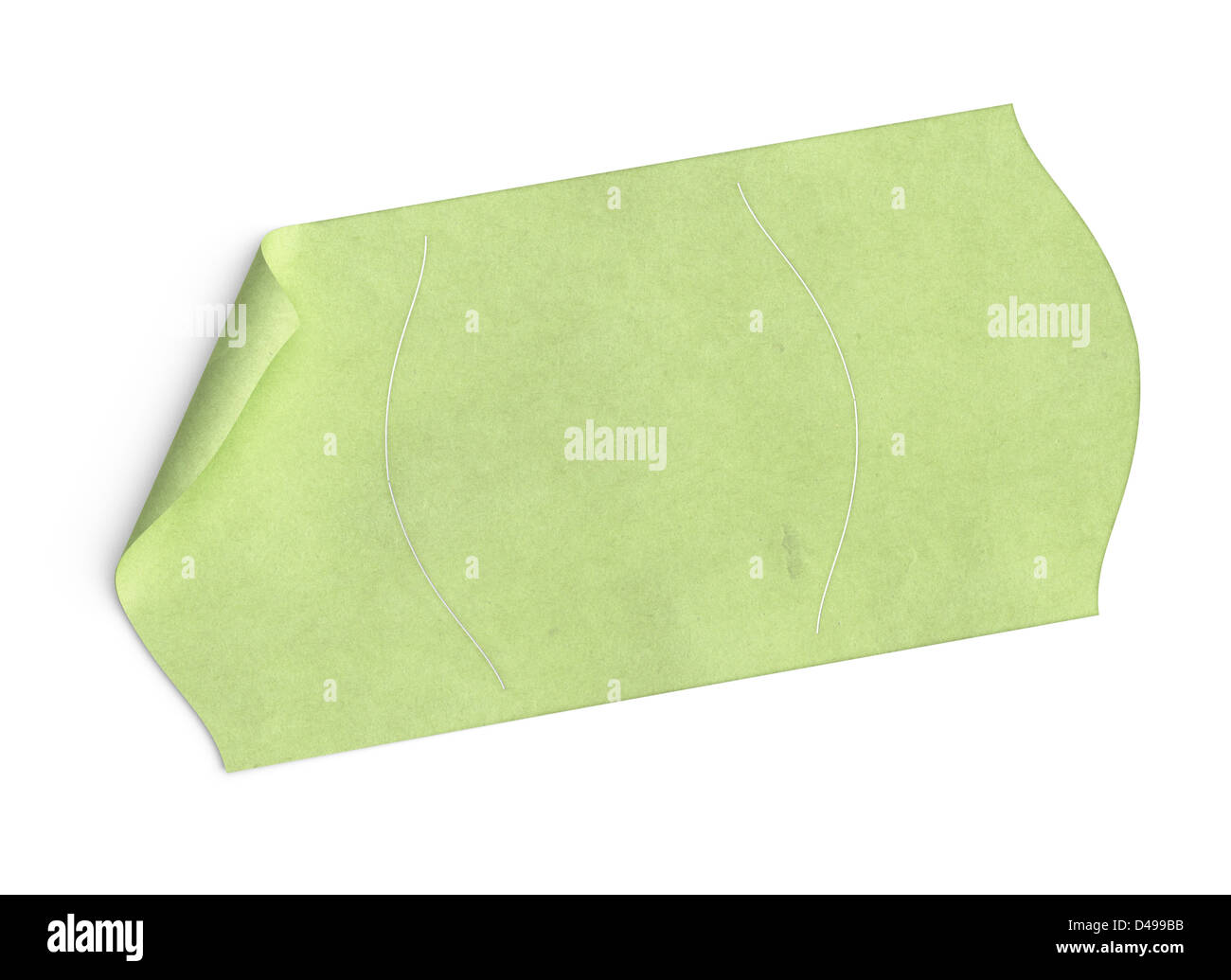 price tag, blank green sticker over white background with texture, and bended corner Stock Photo