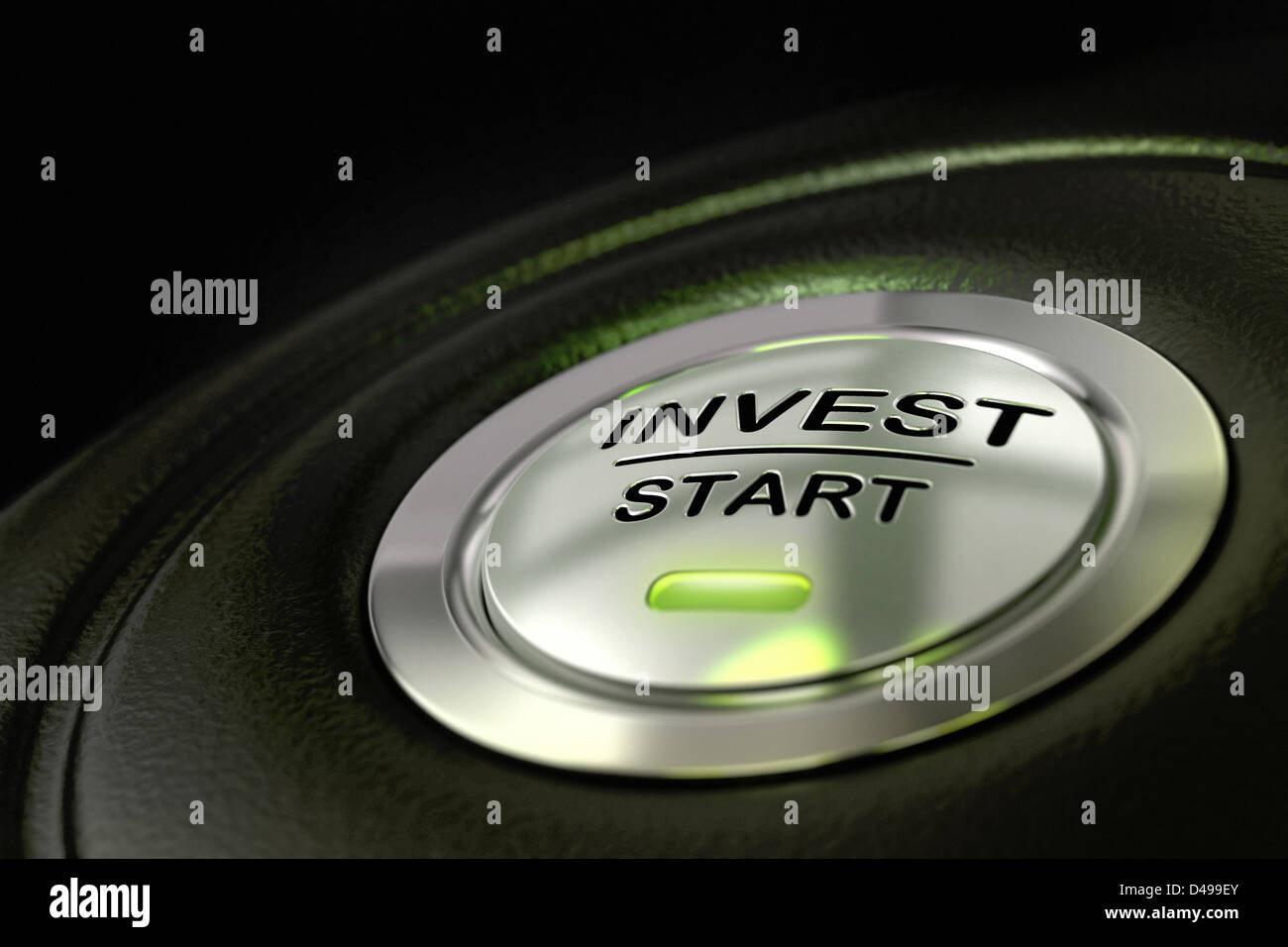 abstract invest start button, metal material, green color and black textured background. Focus on the main word and blur effect. Stock Photo