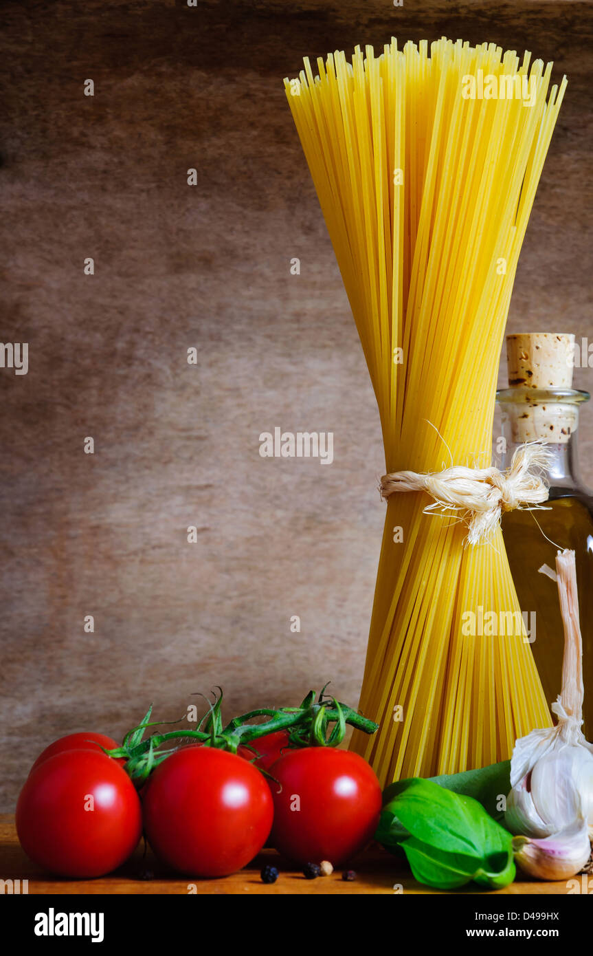 Traditional italian pasta background with ingredients an text copy space Stock Photo