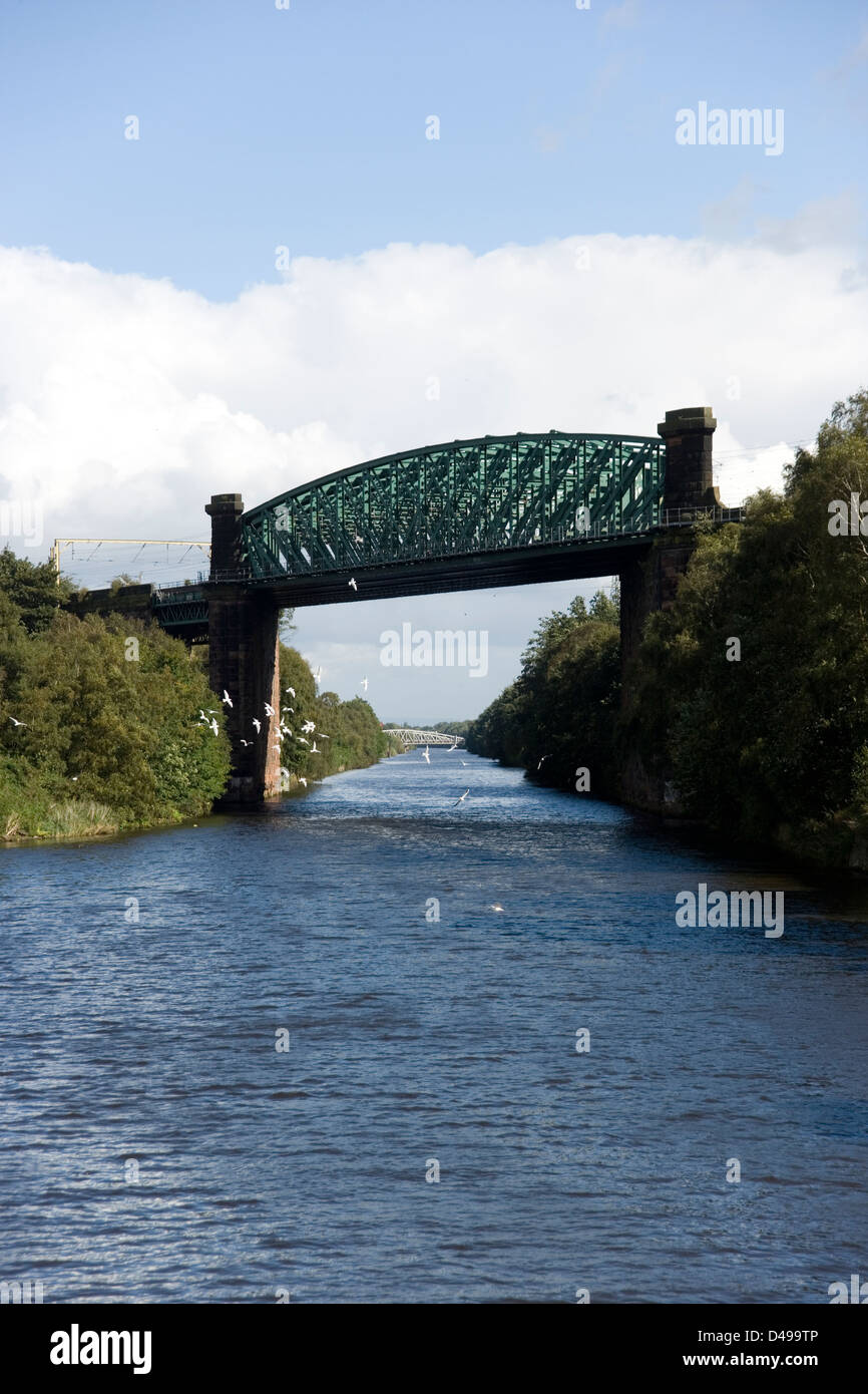 Approaching Acton Grange Viaduct bridge on the Manchester Ship Canal