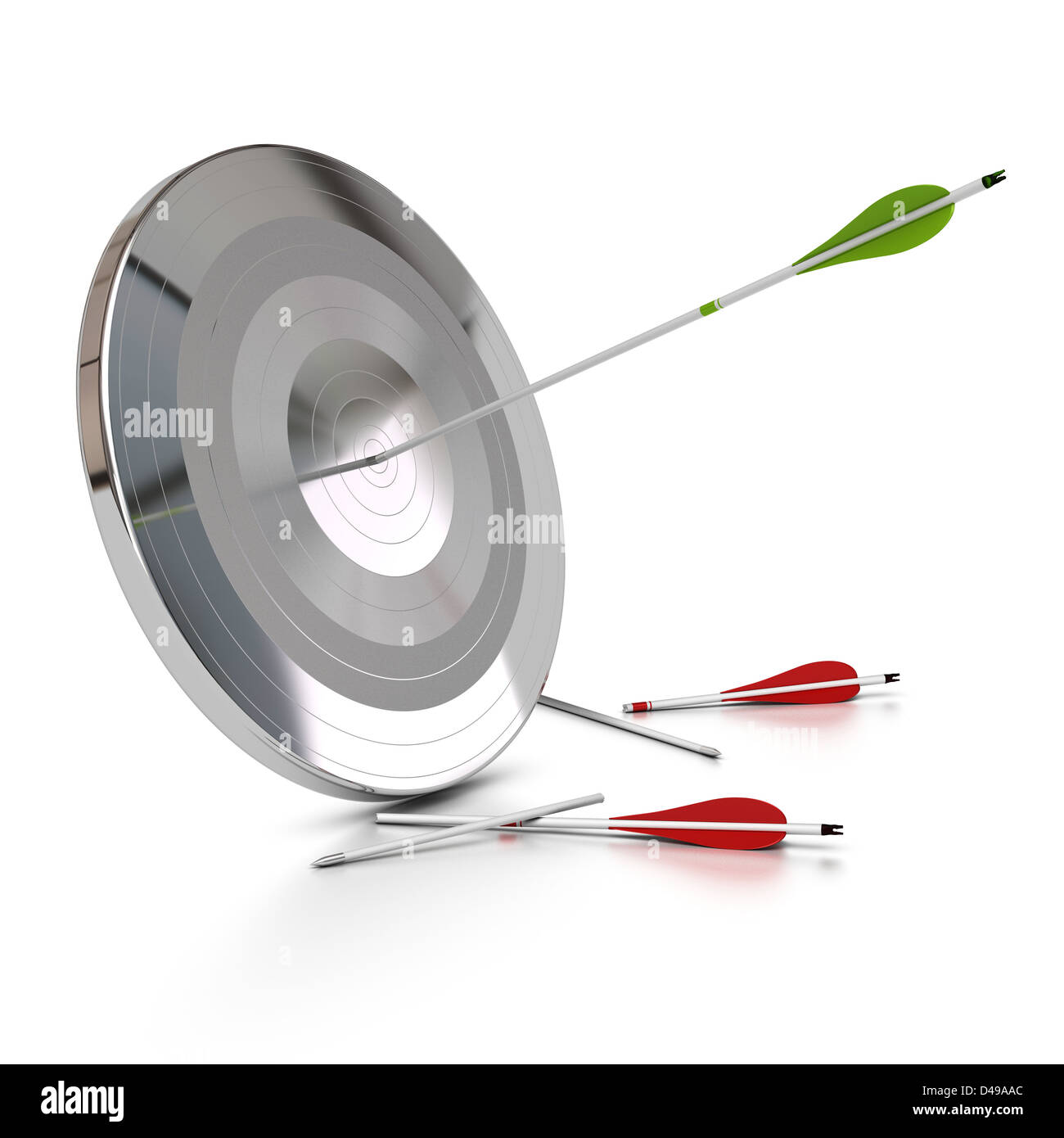 one metal target pierced by an green arrow, there is two red arrows broken on the floor, white background Stock Photo