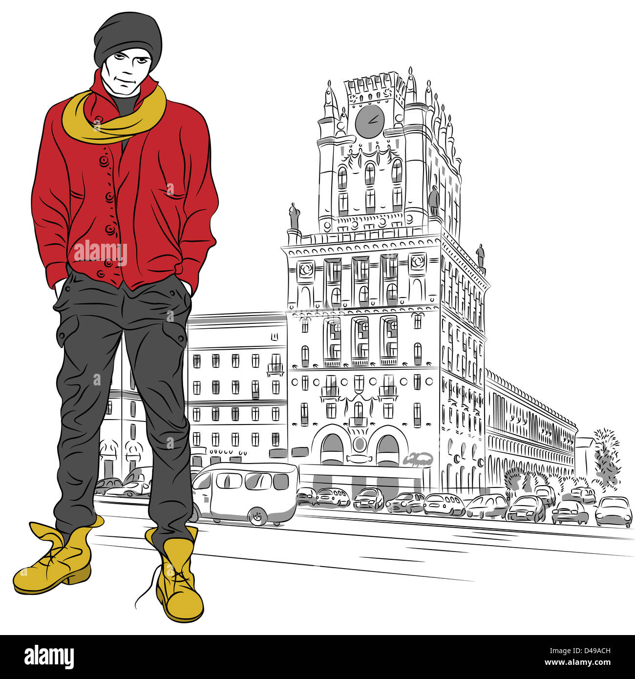 Vector sketch of a stylish guy in jeans, jacket, boots, hat in the city-center Stock Photo