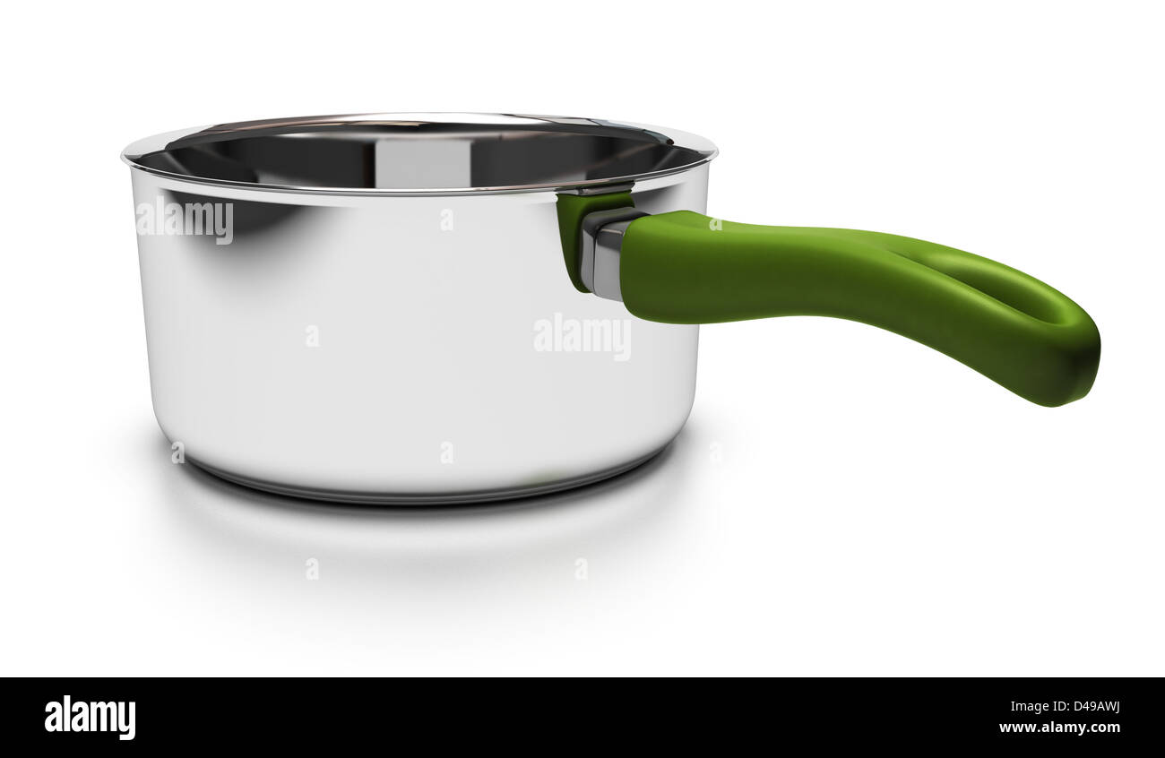 empty pan over white background with green handle Stock Photo