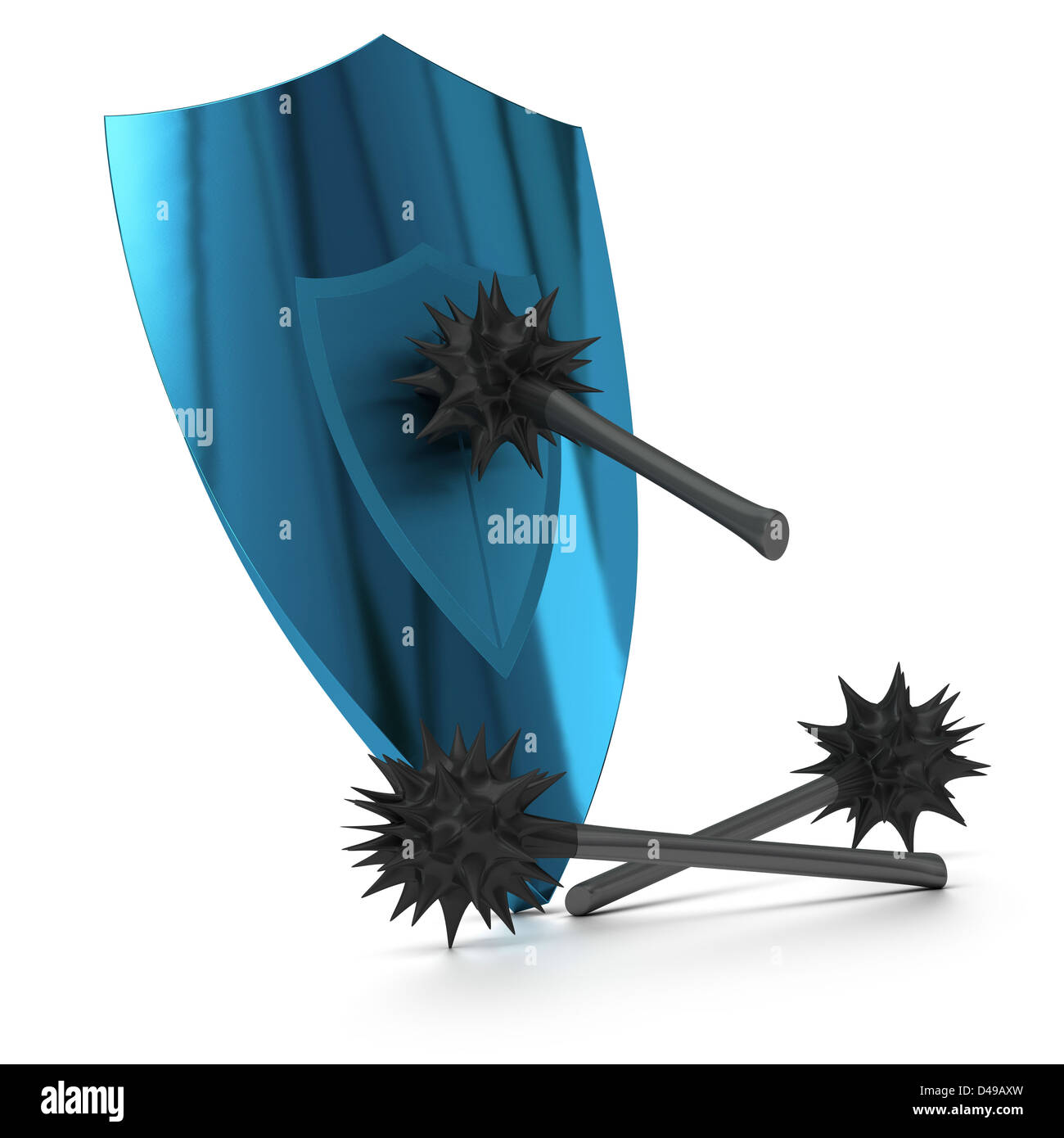 blue shield attacked by antique virusses image over white background Stock Photo