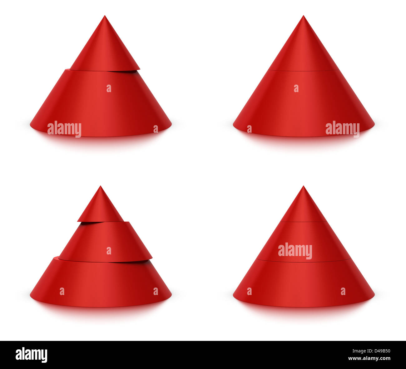 3d conical shape sliced, red pyramid 2 (two) or 3 (three) levels, white background and reflection Stock Photo