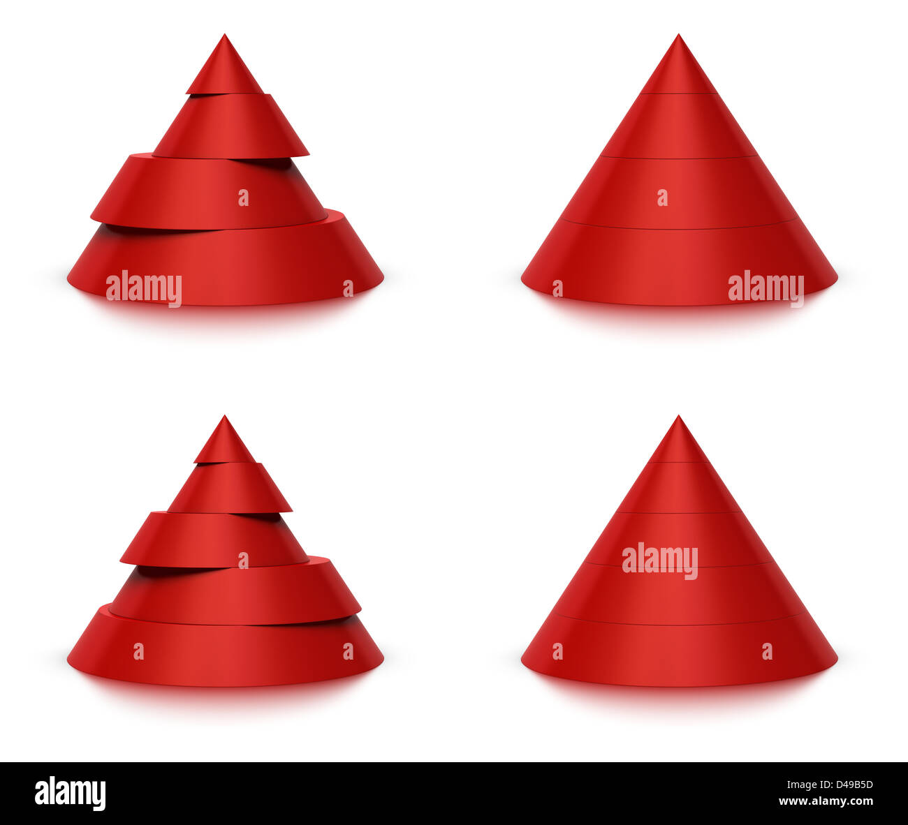 3d conical shape sliced, red pyramid 4 (four) or 5 (five) levels, white background and reflection Stock Photo