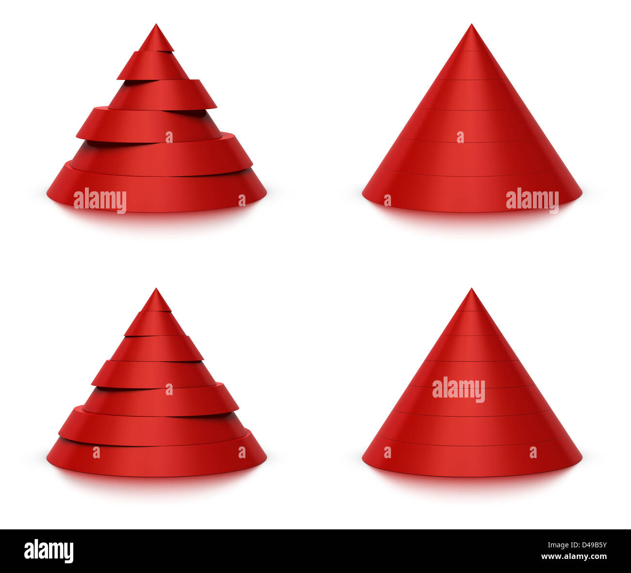 3d conical shape sliced, red pyramid 6 (six) or 7 (seven) levels, white background and reflection Stock Photo