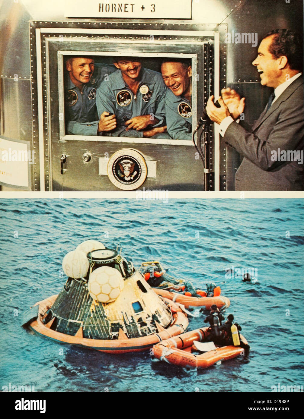 Apollo 11 astronauts in quarantine (top), Apollo 11 recovery (bottom) Stock Photo