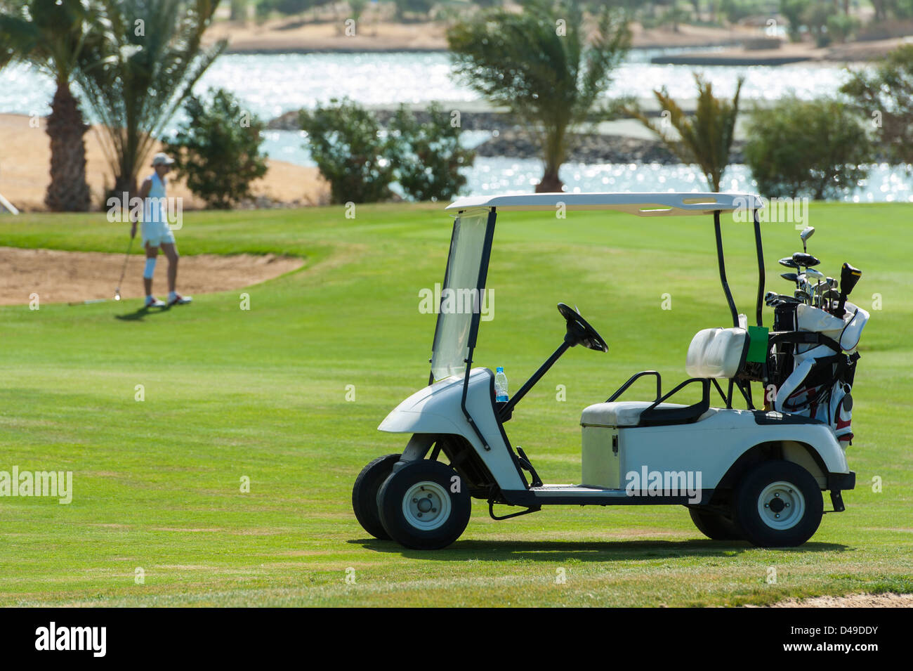 Electric golf buggy on the fairway with golfer in the distance Stock Photo  - Alamy