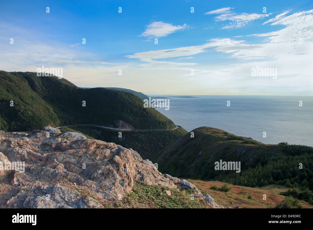 view from Skyline trail of the ocean in Cape Breton Highlands National Park, Nova Scotia, Canada Stock Photo