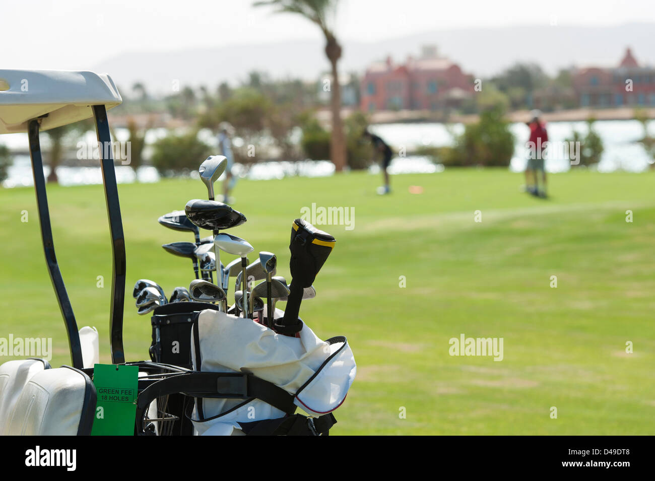 Closeup detail of golf clubs in a bag with golfers on the green in background Stock Photo