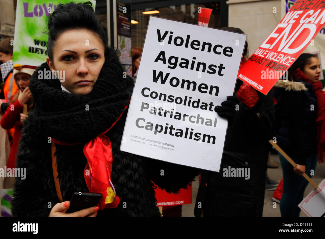 London, UK. 9th March 2013. Around 2000 protesters gathered at Oxford Street and marched through towards Trafalgar Square while chanting slogans and holding placards. Million Women Rise organized a march against male violence towards women. Credit:  Lydia Pagoni / Alamy Live News Stock Photo