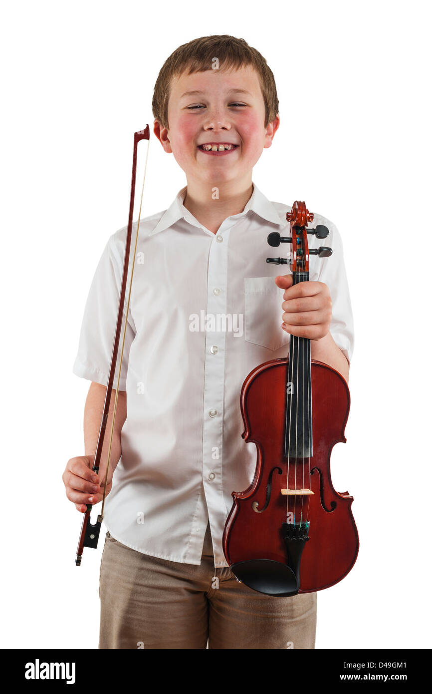 A 9 year old boy with his violin musical instrument Stock Photo