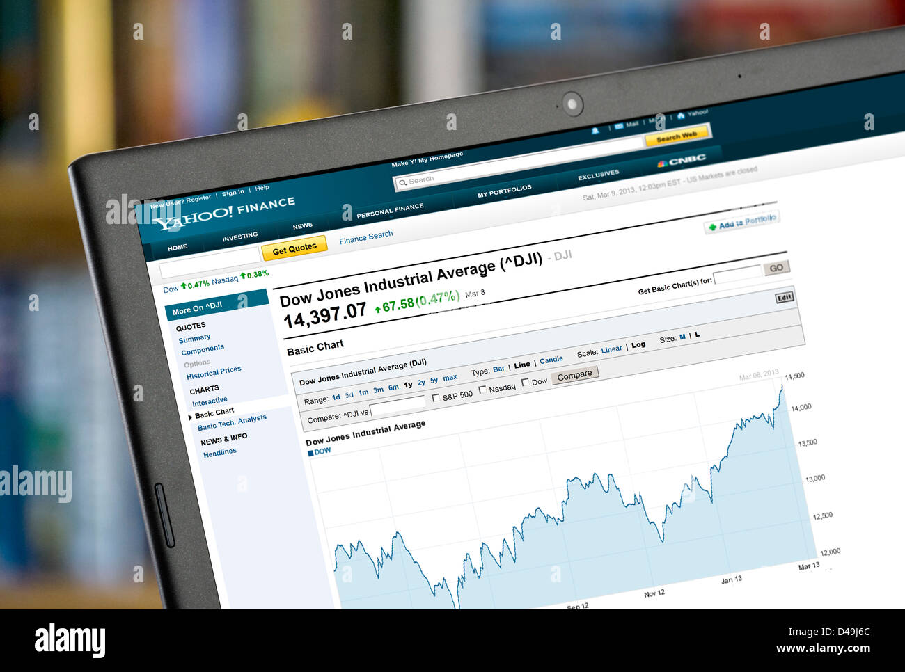 Yahoo Finance chart showing the rise in the Dow Jones Industrial Average up till March 8th 2013 over a 1 year period Stock Photo