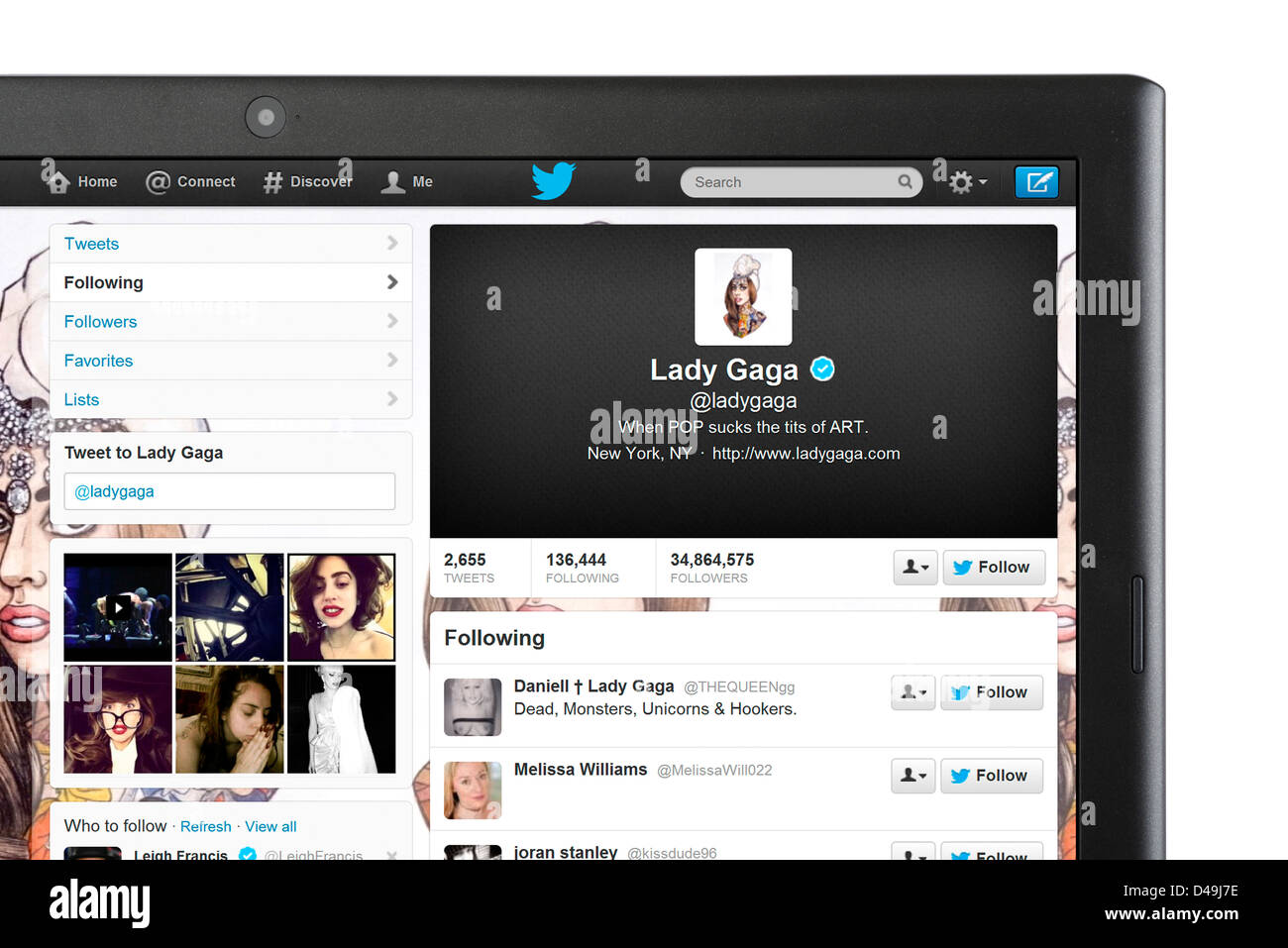 Lady Gaga's Twitter page on a laptop computer Stock Photo