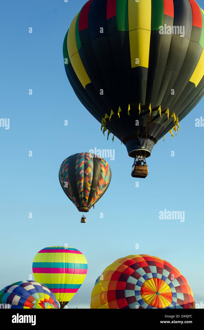 Hot air balloons ascend through an early morning fog in Presque Isle, Maine. Stock Photo