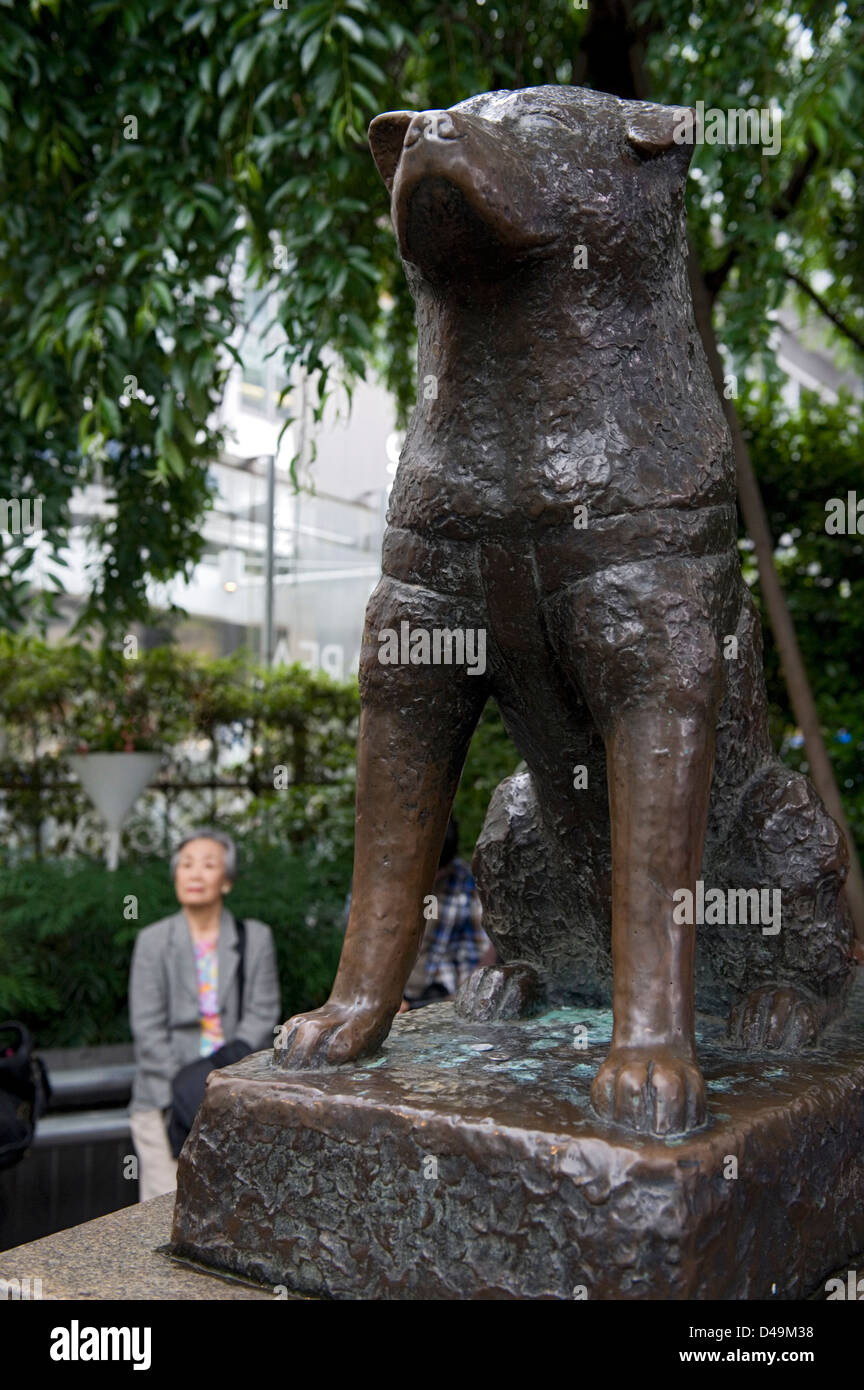 Bronze statue of the faithful pet dog Chuken Hachiko is a popular meeting place in the trendy Shibuya district of Tokyo. Stock Photo