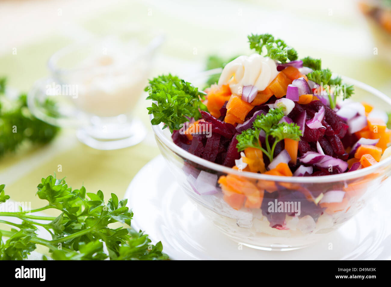 salad in a salad bowl transparent, closeup food Stock Photo
