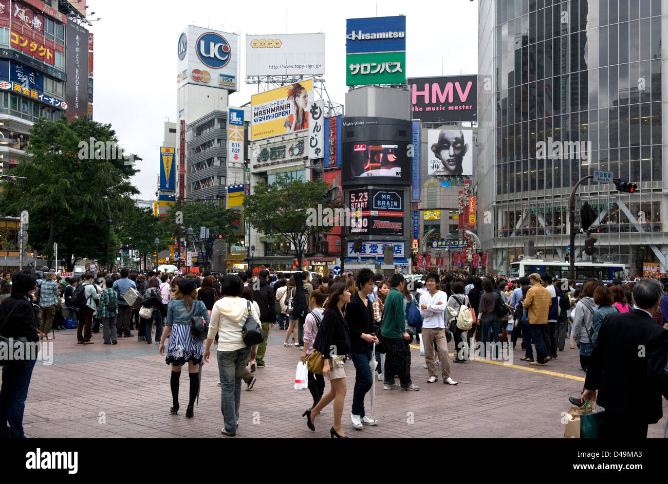 Busiest pedestrian intersection in world, Shibuya crossing in front of train station is always packed with Tokyo shoppers Stock Photo