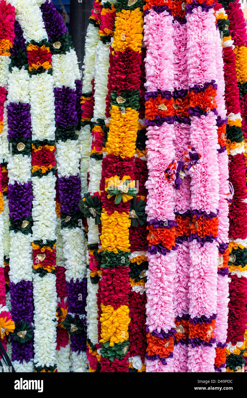 Imitation flower garlands used in Hindu religious worship on a market