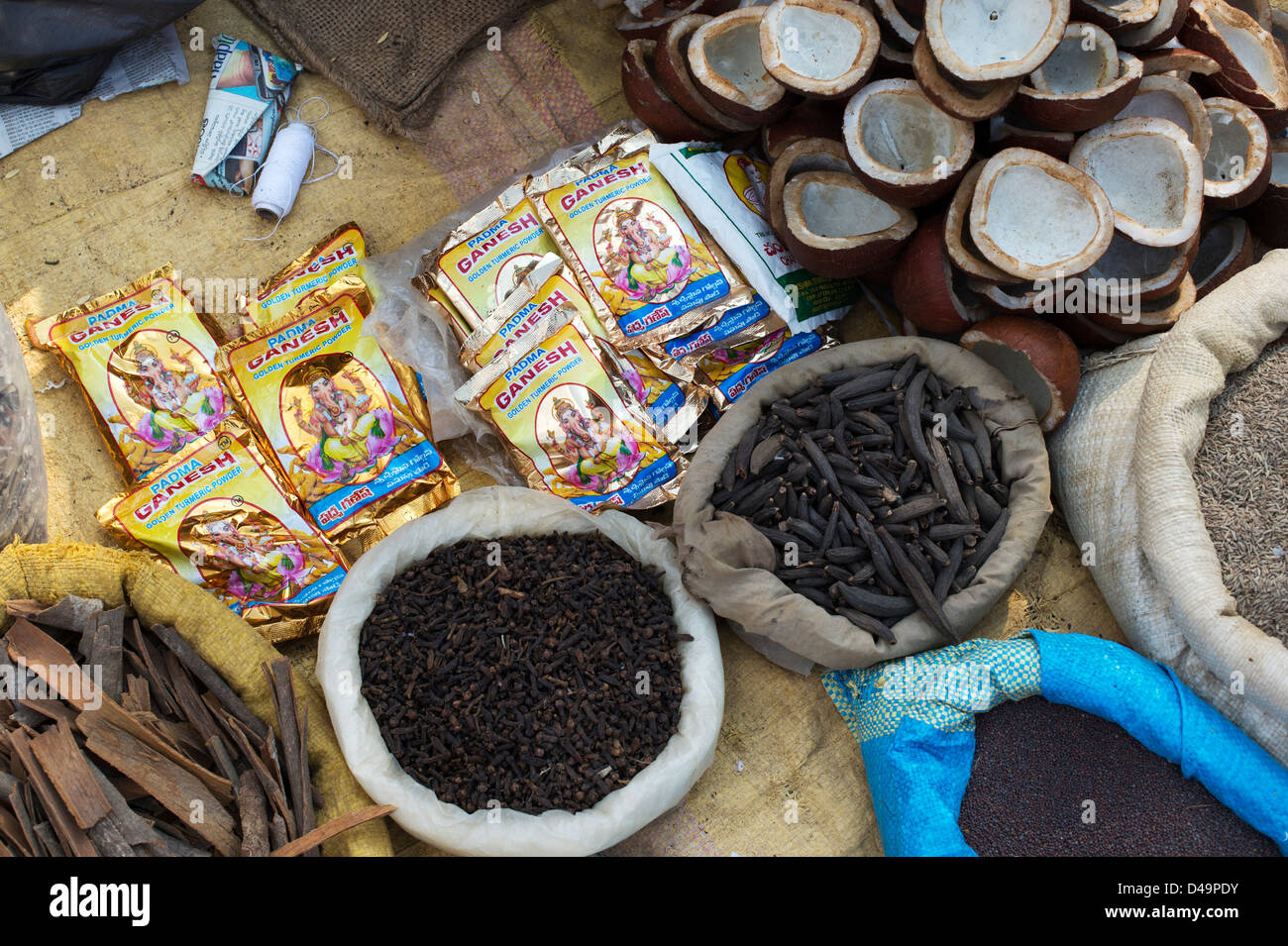 Indian street market with sacks of Indian spices and dried produce. India Stock Photo